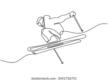 Continuous one line drawing of skier athlete.