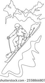 Continuous one line drawing skier in the mountains. Mountain landscape. Skier on the mountain slope. Alpine skiing. One continuous line isolated minimal illustration.Not AI.