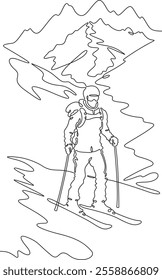 Continuous one line drawing skier in the mountains. Mountain landscape. Skier on the mountain slope. Alpine skiing. One continuous line isolated minimal illustration.Not AI.