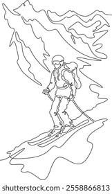 Continuous one line drawing skier in the mountains. Mountain landscape. Skier on the mountain slope. Alpine skiing. One continuous line isolated minimal illustration.Not AI.