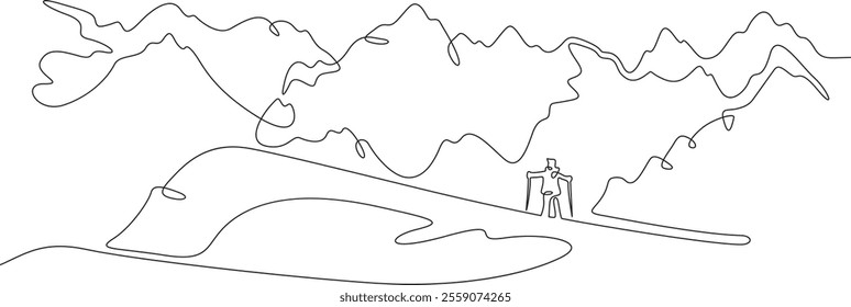 Continuous one line drawing skier on a snowy slope. Alpine skier against the background of a mountain landscape. Winter sports in the mountains.One continuous line isolated minimal illustration.Not AI