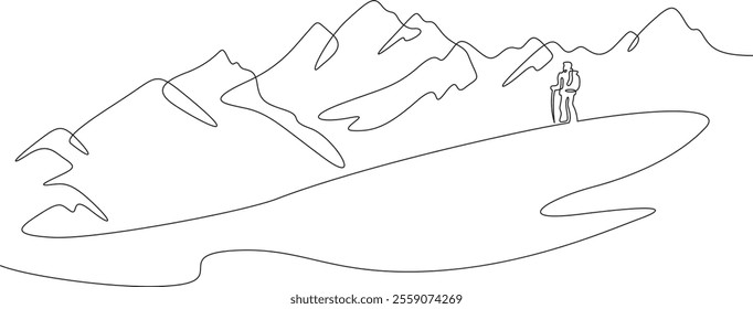 Continuous one line drawing skier on a snowy slope. Alpine skier against the background of a mountain landscape. Winter sports in the mountains.One continuous line isolated minimal illustration.Not AI