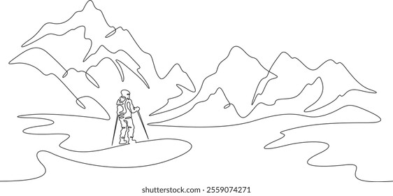 Continuous one line drawing skier on a snowy slope. Alpine skier against the background of a mountain landscape. Winter sports in the mountains.One continuous line isolated minimal illustration.Not AI