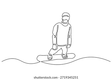 Kontinuierliche einzeilige Skilaufzeichnung des Skifahrers im Hochgebirge. Einzeilige Zeichnung Illustration von Ski-Wanderski Alpinist in den Bergen. Skizentrum Konzept Vektor Kunst. Doodle Linie Illustration.