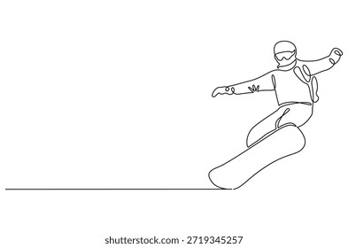 Kontinuierliche einzeilige Skilaufzeichnung des Skifahrers im Hochgebirge. Einzeilige Zeichnung Illustration von Ski-Wanderski Alpinist in den Bergen. Skizentrum Konzept Vektor Kunst. Doodle Linie Illustration.