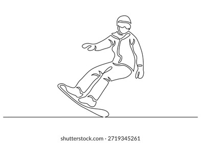 Dibujo continuo de una línea de esquí de esquí cuesta abajo en las altas montañas. Ilustración de dibujo de una sola línea de esquí caminando alpinista de esquí en las montañas. Arte vectorial de concepto de estación de esquí. ilustración de línea Doodle.