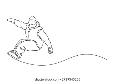 Dibujo continuo de una línea de esquí de esquí cuesta abajo en las altas montañas. Ilustración de dibujo de una sola línea de esquí caminando alpinista de esquí en las montañas. Arte vectorial de concepto de estación de esquí. ilustración de línea Doodle.