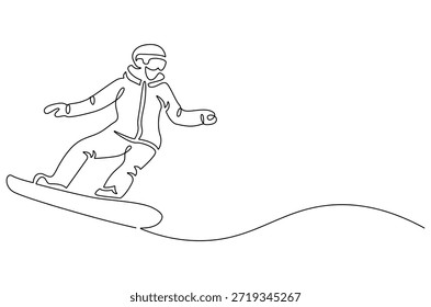 Dibujo continuo de una línea de esquí de esquí cuesta abajo en las altas montañas. Ilustración de dibujo de una sola línea de esquí caminando alpinista de esquí en las montañas. Arte vectorial de concepto de estación de esquí. ilustración de línea Doodle.