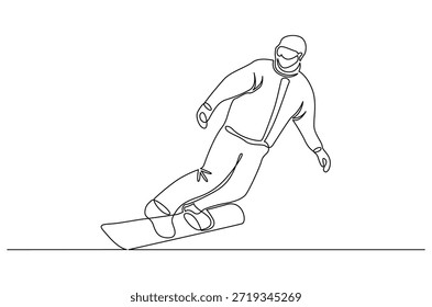 Kontinuierliche einzeilige Skilaufzeichnung des Skifahrers im Hochgebirge. Einzeilige Zeichnung Illustration von Ski-Wanderski Alpinist in den Bergen. Skizentrum Konzept Vektor Kunst. Doodle Linie Illustration.