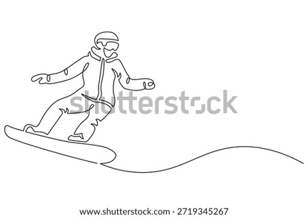 Continuous one line drawing of Skier skiing downhill in high mountains. Single line drawing illustration of Ski walking ski alpinist in the mountains. Ski resort concept vector art. Doodle line illustration.