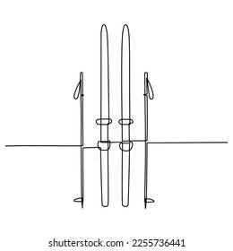 Continuous one line drawing of skis and ski poles. Vector illustration
