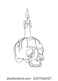 Continuous one line drawing of skull with candle. Simple vector illustration