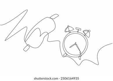 Continuous one line drawing the sleeping mask and alarm clock. A complete combination for a good night's sleep. Set an alarm to wake up. World Sleep Day. Single line draw design vector illustration