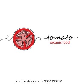 Continuous one line drawing of slice of fresh tomato organic food in silhouette on a white background. Linear stylized.