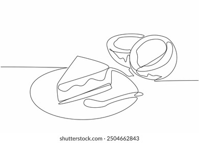 Continuous one line drawing slice coconut torte on a small plate with cake spoon. Delicious cake. Enjoyed with coconut fruit. National Coconut Torte Day. Single line draw design vector illustration