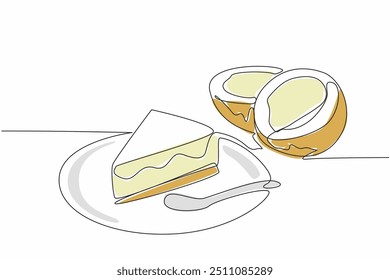 Continuous one line drawing slice coconut torte on a small plate with cake spoon. Delicious cake. Enjoyed with coconut fruit. National Coconut Torte Day. Single line draw design vector illustration