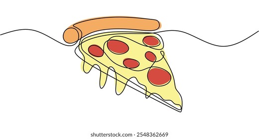 Desenho contínuo de uma linha de uma fatia de pizza coberta com pepperoni e queijo. Um design limpo de comida e bebida.