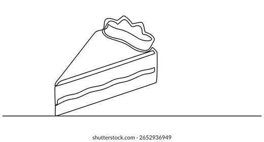 Desenho contínuo de uma linha de bolo de fatia. Ilustração de desenho de uma linha de bolo, bolo de queijo com morango e cerejas em ilustração de desenho de linha única, no fundo branco, comida de festa, aniversário.