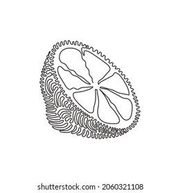 Continuous one line drawing sliced healthy organic lemon for orchard logo identity. Fresh zest fruitage concept for fruit garden icon. Swirl curl style. Single line draw design vector illustration
