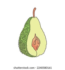 Dibujo continuo de una línea cortando pera orgánica sana para la identidad del logotipo de huerto. Nuevo concepto de la herencia veraniega para el icono del jardín de frutas. Estilo de rizo giratorio. Ilustración vectorial de diseño de líneas simples