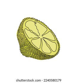 Continuous one line drawing sliced healthy organic lemon for orchard logo identity. Fresh zest fruitage concept for fruit garden icon. Swirl curl style. Single line draw design vector illustration