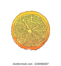 Continuous one line drawing sliced healthy organic orange for orchard logo identity. Fresh delicious tropical fruitage concept. Swirl curl style. Single line draw design vector graphic illustration