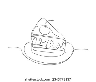 Continuous one line drawing of sliced cake. Cheese cake with cherrie outine vector illustration.  