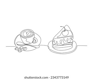 Continuous one line drawing of sliced cake and a cup of coffee. Cheese cake and coffee outine vector illustration.  