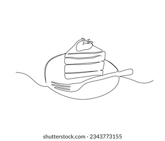 Continuous one line drawing of sliced cake. Cheese cake with cherrie outine vector illustration.  