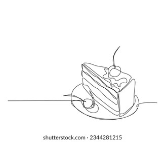 Continuous one line drawing of sliced cake. Cheese cake  outine vector illustration.  