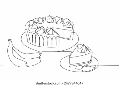 Continuous one line drawing sliced round banana cream pie. Ready to serve with sweet taste. Dessert high in carbohydrates. National Banana Cream Pie Day. Single line draw design vector illustration