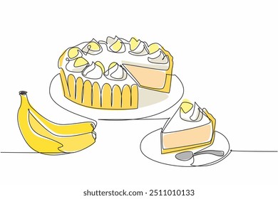 Continuous one line drawing sliced round banana cream pie. Ready to serve with sweet taste. Dessert high in carbohydrates. National Banana Cream Pie Day. Single line draw design vector illustration