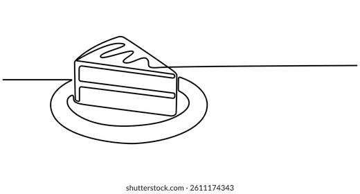 Continuous one line drawing of sliced cake - food and beverage concept. Contour icon. Cheese cake with cream in single line draw illustration. Editable stroke.  One continuous line. 