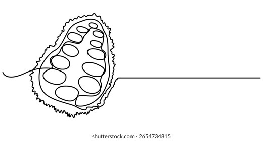Desenho contínuo de uma linha de jaca orgânica doce saudável fatiado para identidade do logotipo do pomar. Ícone de horta de frutas conceito de fruta tropical fresca. Ilustração gráfica vetorial de design de desenho de linha única.