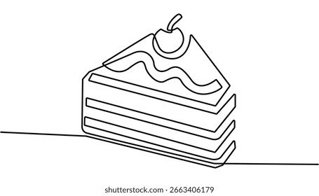 Continuous one line drawing of sliced cake food and beverage concept. Continuous one line drawing of slice cake. One line drawing illustration of cake. Party food, birthday cake, dessert concept line.