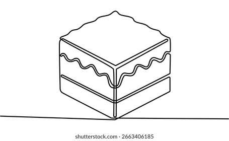 Desenho contínuo de uma linha de bolo fatiado e conceito de bebida. Desenho contínuo de uma linha de bolo de fatia. Ilustração de desenho de uma linha de bolo. Comida de festa, bolo de aniversário, linha de conceito de sobremesa.