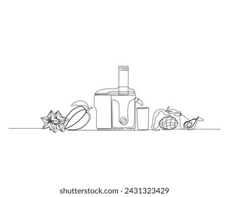 Dibujo continuo de una línea de exprimidor lento con frutas. Exprimidor lento o licuadora y frutas ilustración vectorial de contorno único. Trazo editable.