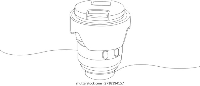 Desenho contínuo de uma linha da lente da câmera SLR ou DSLR com tampa e capô. Design de desenho de linha única do conceito do equipamento de fotografia. Ilustração vetorial.