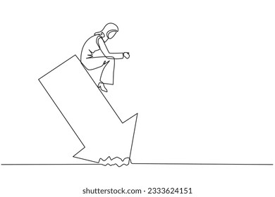 Continuous one line drawing sluggish Arabian businesswoman sits downcast on a swooping arrow stuck in the ground. Losses from the stock exchange. Heavy inflation. Single line draw vector illustration