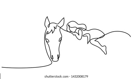 Continuous one line drawing. Small girl riding a horse. Black and white vector illustration. Concept for logo, card, banner, poster, flyer