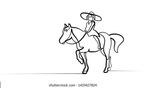 Continuous one line drawing. Small girl riding a horse. Black and white vector illustration. Concept for logo, card, banner, poster, flyer