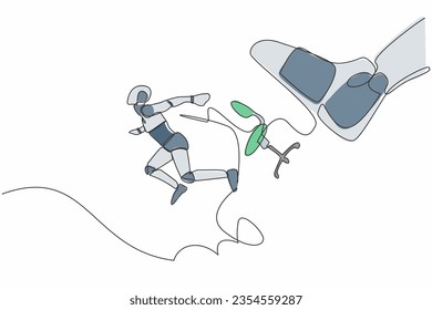 Continuous one line drawing small robot kicked out by big foot. Robot kicked away from chair by giant feet. Humanoid robotic cybernetic organism. Single line draw design vector graphic illustration