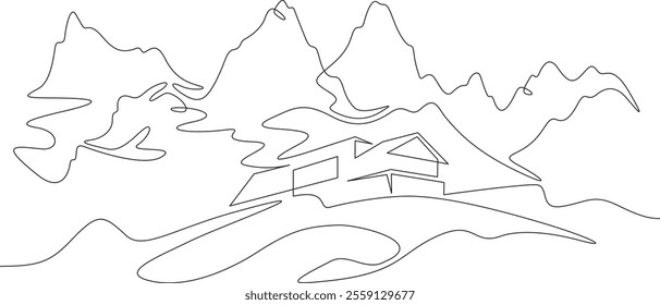 Continuous one line drawing small house on a hill. Modern house against the backdrop of mountains. Mountain landscape. Panorama.One continuous line isolated minimal illustration.Not AI.