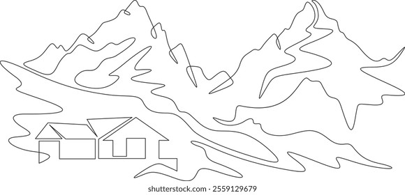 Continuous one line drawing small house on a hill. Modern house against the backdrop of mountains. Mountain landscape. Panorama.One continuous line isolated minimal illustration.Not AI.