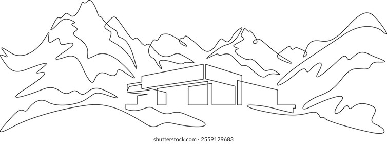 Continuous one line drawing small house on a hill. Modern house against the backdrop of mountains. Mountain landscape. Panorama.One continuous line isolated minimal illustration.Not AI.