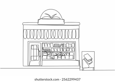 Continuous one line drawing small bookstore seen from outside. Newly started independent business. Influencing reading interest. Independent Bookstore Day. Single line draw design vector illustration