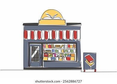 Continuous one line drawing small bookstore seen from outside. Newly started independent business. Influencing reading interest. Independent Bookstore Day. Single line draw design vector illustration