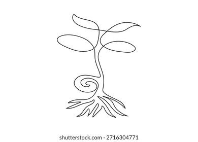 Dibujo continuo de una línea de un Pequeño brote de planta de una semilla sobre fondo blanco