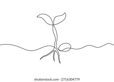 Dibujo continuo de una línea de un Pequeño brote de planta de una semilla sobre fondo blanco