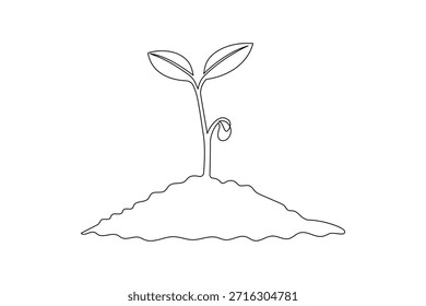 Dibujo continuo de una línea de un Pequeño brote de planta de una semilla sobre fondo blanco